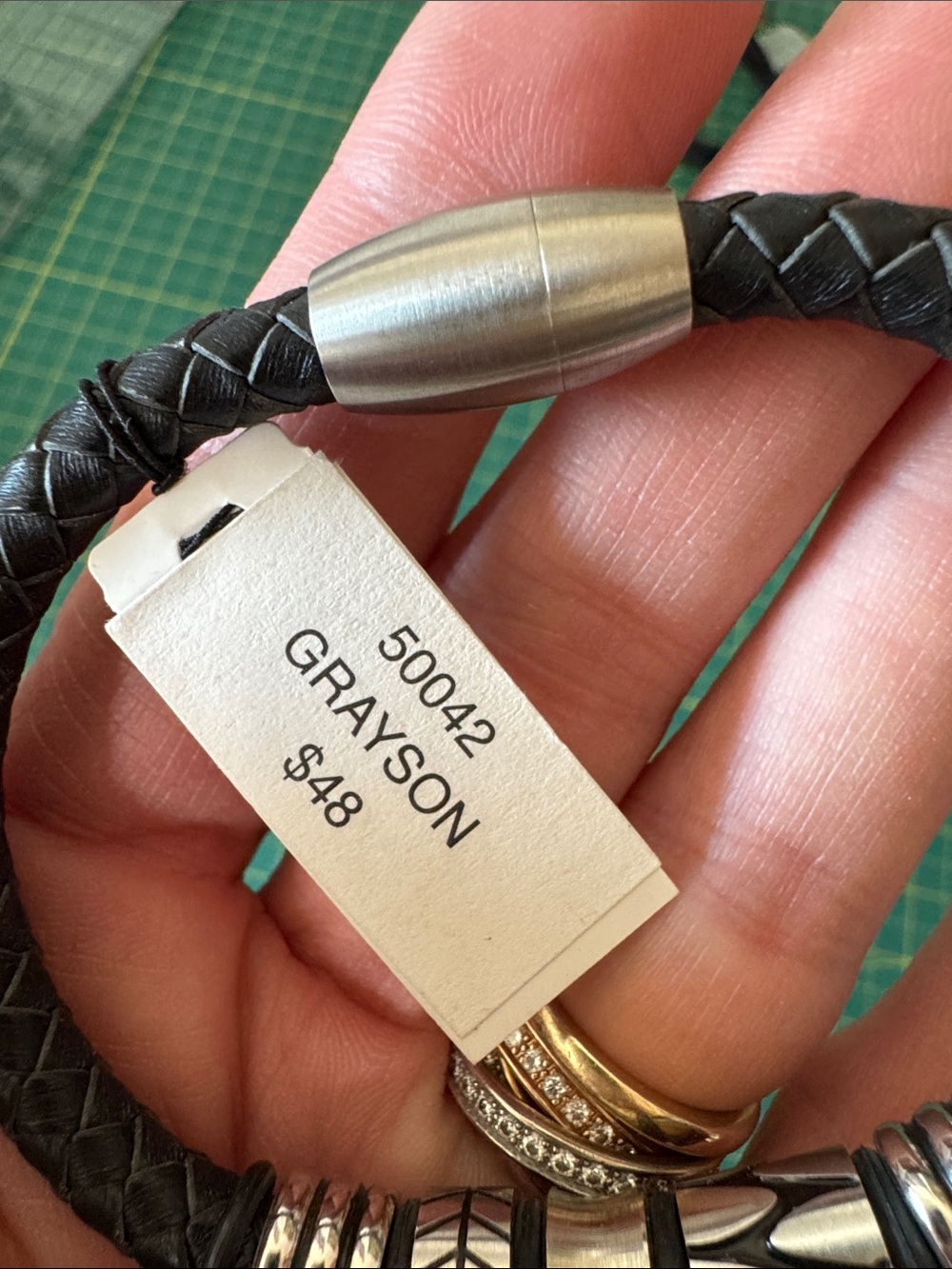 Braided Black Leather Bracelet with Silver Accents - Picture 2 of 5